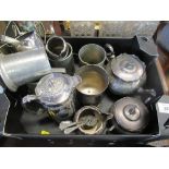 A collection of metalware, to include tankards, coffee pot etc