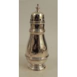 A silver sugar caster, with ribbed band to the bulbous body, Birmingham 1928, weight 2oz
