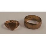 A 9 carat gold plain wedding ring, together with a signet ring, cut, 7.5g gross