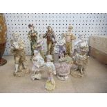 Ten assorted figurines, together with three pairs of continental figurines, all a/f