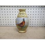 A Worcester Locke & Co vase, wit pierced blush ivory neck, painted with a pheasant, signed