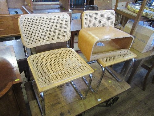 Two cane seated chrome chairs, together with a wall shelf