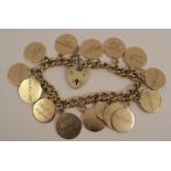A 9 carat gold bracelet, of solid curb links, to a padlock clasp, with fifteen medallions