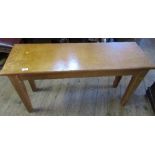 An oak rectangular bench or sidetable, 45ins x 15ins, height 25ins, together with a pine table,