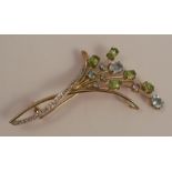 A diamond and multi-gem spray brooch pendant, unmarked, 7.3cm long, 10.6g gross