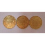 Three Swiss 10 francs gold coins, dated 1915, 1913 and 1922