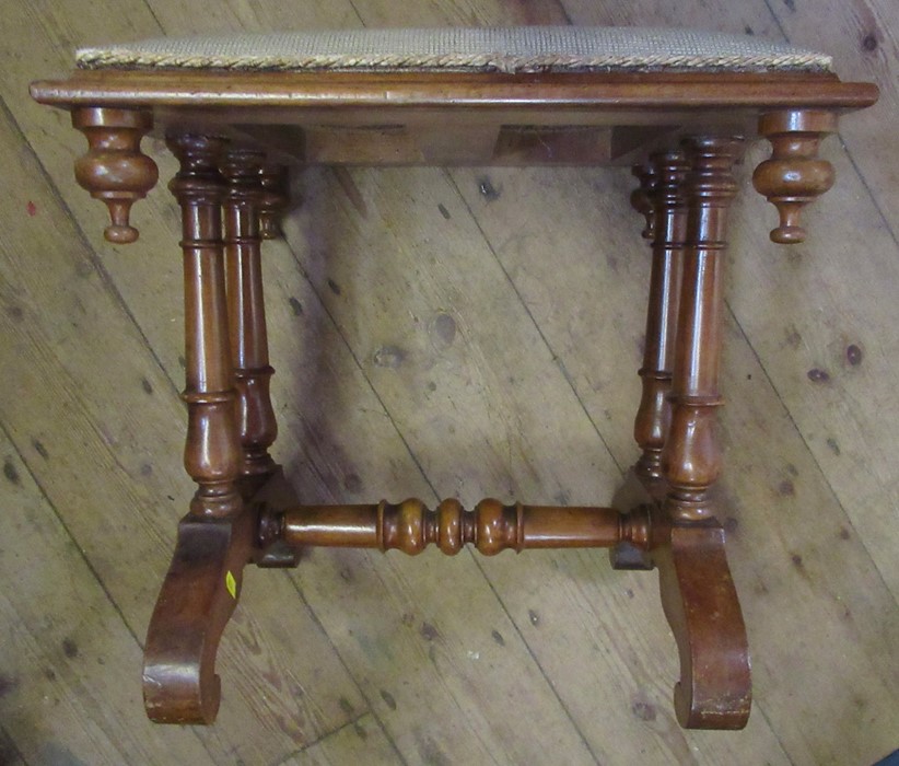 A 19th century mahogany stool, with tapestry seat, raised on ringed columns with a twist support, - Image 2 of 3