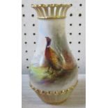 A Royal Worcester vase, painted with pheasants by Jas Stinton, with pierced bluch ivory neck and