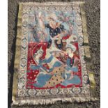 A Persian silk rug, decorated with a scene from the Omar khayyam, 46ins x 31ins
