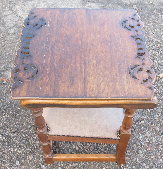 An oak monks seat, with pierced decoration to the slide top, upholstered seat, with plaque to - Image 2 of 3