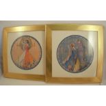 Mary S Old, pair of circular watercolours on wood, mother and child and woman with garden statue,