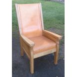 A Robert Mouseman Thompson oak and leather armchair, with leather back panel and cushion, height