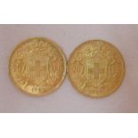 Two Swiss 20 francs gold coins, dated 1927