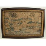 A 17th century framed stump work panel, depicting figures in a landscape with animals, birds and