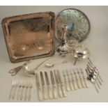 A collection of silver plate, to include two trays, flatware, cased fish servers etc