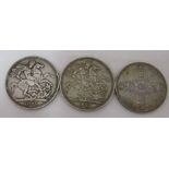 Three coins, an 1887 crown, 1889 crown and an 1887 double florin