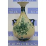 A Hadleys Worcester blush ivory vase, decorated with birds on a branch in green, height