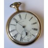 Waltham, an open faced Railway pocket watch, the signed white enamel dial with black roman numerals,