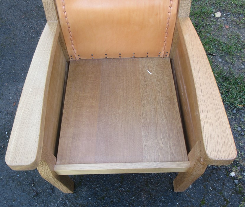 A Robert Mouseman Thompson oak and leather armchair, with leather back panel and cushion, height - Image 5 of 6