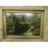 A 19th century English school, oil on canvas, figure fishing in a woodland stream, 12.5ins x 18.