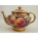 A Royal Worcester tea pot, decorated with fruit to a mossy background by P Love, dated 1954,