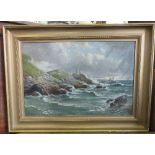 An oil on canvas, seascape with rough waters, rocks, lighthouse and ship, 19ins x 30ins