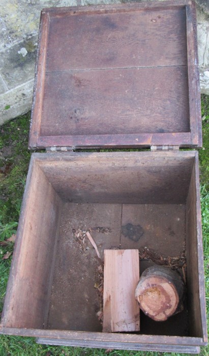 An oak box, with hinged rising lid, raised on bracket feet, 19.75ins x 19ins, height 19ins - Image 2 of 2