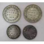 An 1814 and an 1812 bank token, for three shillings and an 1812 and an 1814 bank token for one