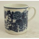 A First period Worcester mug, decorated in the blue and white Fence pattern, with crescent mark,