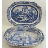 A 19th century English blue and white transfer printed meat plate, decorated with Chinese figures