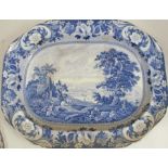 A 19th century English blue and white transfer printed meat plate, decorated with the old oak tree
