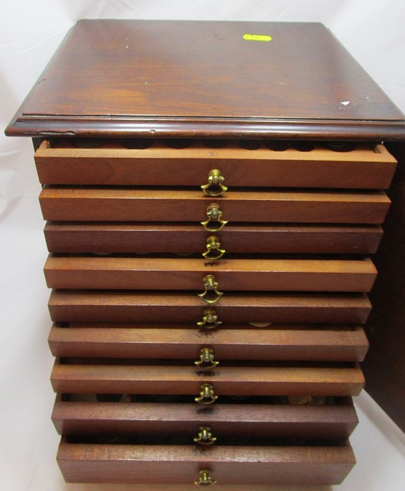 A 19th century mahogany coin cabinet, having a single door opening to reveal nine trays, with - Image 11 of 15