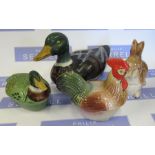 Michel Caugant, four pottery covered novelty dishes, two ducks a chicken and a rabbit