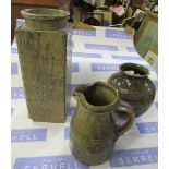 Three pieces of art pottery, comprising a square section vase, decorated all around with a verse,