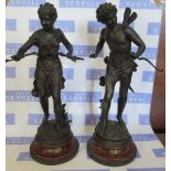 A pair of spelter classical figures, with plaques to the bases, Amour and Printemps, signed