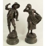 A pair of 19th century bronzes, a boy and girl playing, raised on marble bases, signed Mayer,