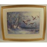 W E Powell, watercolour, A London Winter Scene, the Ducks in Battersea Park, 11.75ins x 17ins