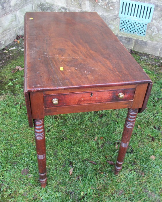 A 19th century mahogany Pembroke table, with drop flaps, with one real and one dummy drawers, raised - Image 2 of 3