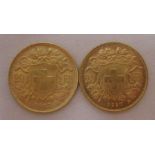 Two Swiss 20 francs gold coins, dated 1947