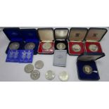 A collection of Royal Commemorative silver coins and medals, to include two John Pinches cased The