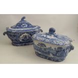 A 19th century Spode elongated octagonal shaped blue and white transfer printed covered tureen,