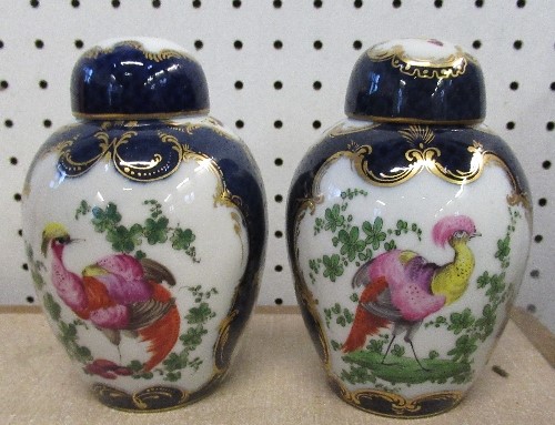 A pair of Worcester style covered vases, decorated with panels of birds, insects and foliage with