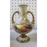 A Royal Worcester two handled vase, painted with fruit on mossy ground, signed Ricketts, af,