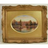 A Royal Worcester oval porcelain plaque, painted with an image of Hampton Court Palace by R Rushton,
