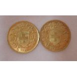 Two Swiss 20 francs gold coins, dated 1935
