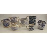 Four blue and white printed mugs, together with an Oriental blue and white cup, a tea pot and a