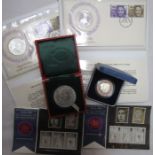 A group of Royal commemorative silver coins, two medallic first day cover the wedding of HRH The