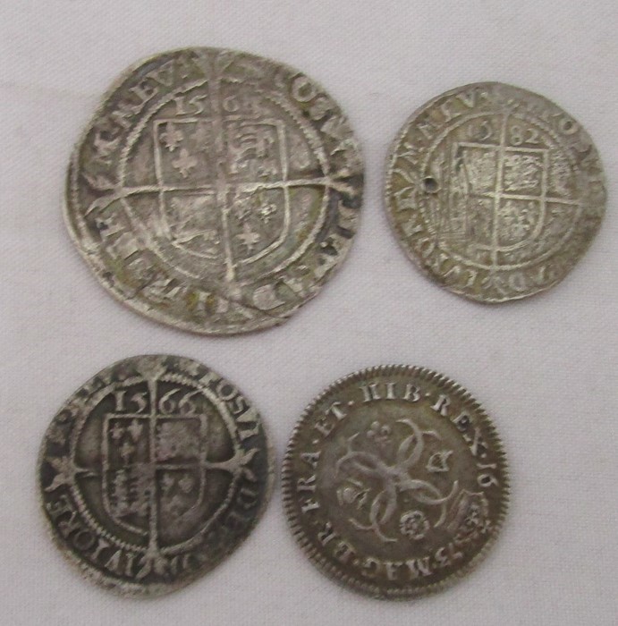 An Elizabeth I hammered sixpence dated 156?, a 1582 threepence, drilled, 1566 threepence and a - Image 2 of 2