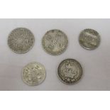 A George II 1723 sixpence, 1758 sixpence, George IV 1826 sixpence, Two George II 1757 threepences (