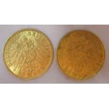 Two German 20 mark gold coins, 1906 and 1911